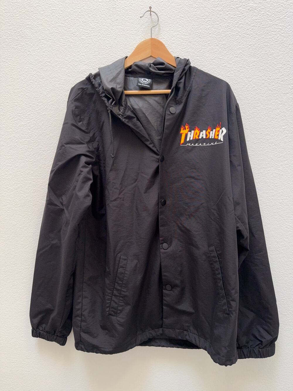 Thrasher Magazine Flame Logo Hooded Coach Jacket Black Windbreaker - Mens Size L